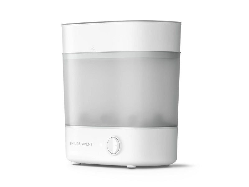 Philips Avent electric steam sterilizer, front view of frosted tank and dial