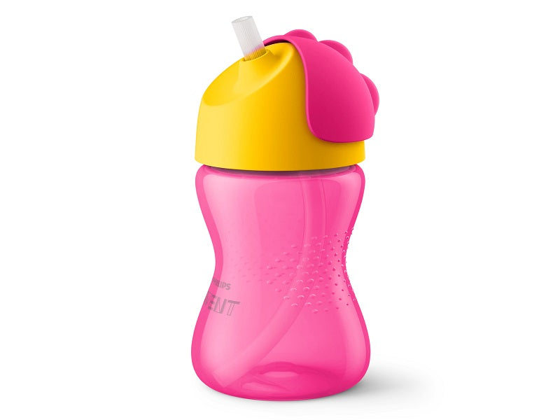 Philips Avent Bendy Straw Cup, pink with yellow lid, front view of bendy straw
