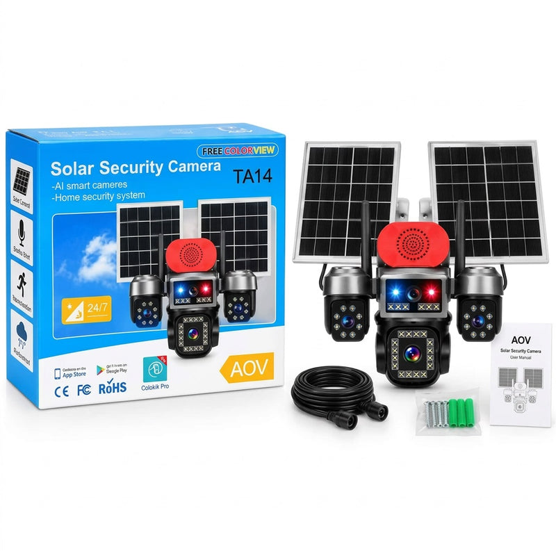 AOV TA14 4-Lens Solar 4G PTZ Security Camera with Motion Alarm - Black