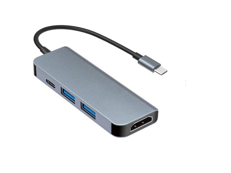 USB-C multiport adapter shown at an angle with two USB 3.0 ports and an HDMI port