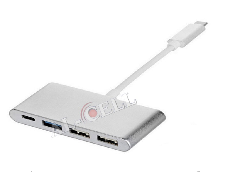 Generic USB-C 4-in-1 hub angled to show two USB-A and USB-C ports
