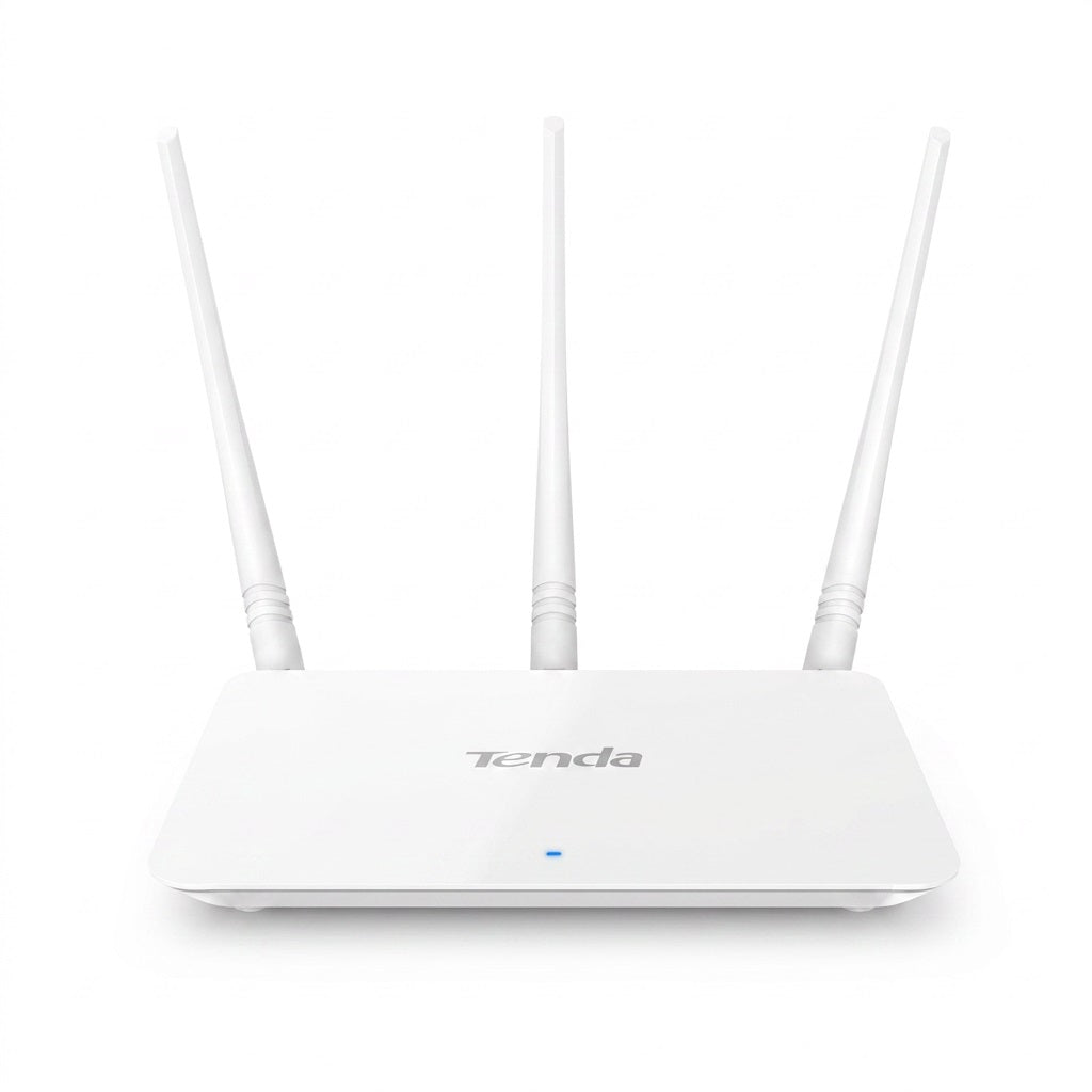 Tenda F3 N300 Wi-Fi router with three upright antennas, front three-quarter view