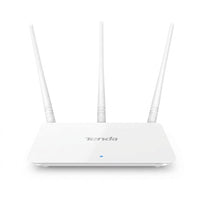 Tenda F3 N300 Wi-Fi router with three upright antennas, front three-quarter view