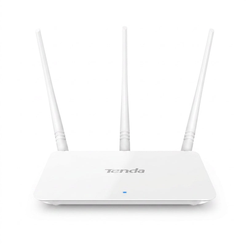 Tenda F3 N300 Wi-Fi router with three upright antennas, front three-quarter view