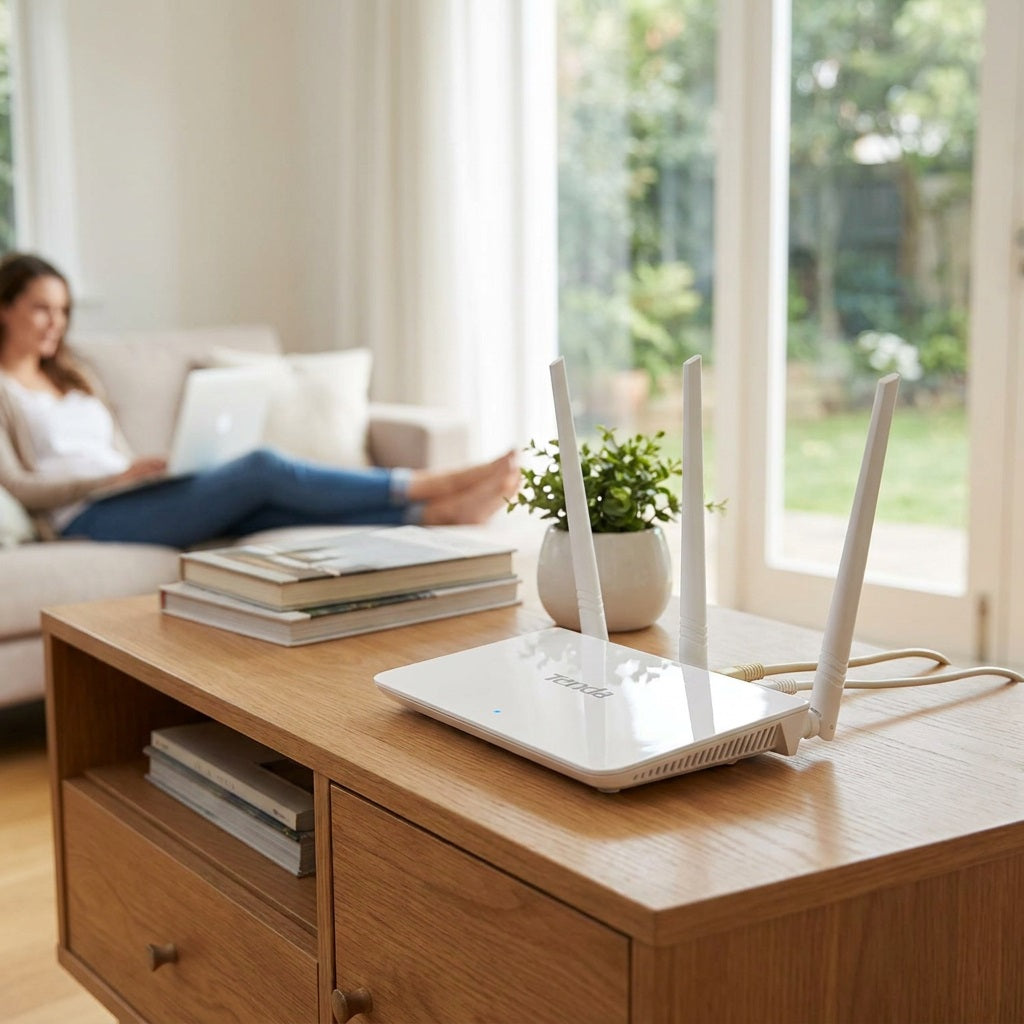 Tenda F3 router placed on a lounge coffee table beside a potted plant