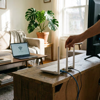 Tenda F3 router being connected with an Ethernet cable in a living room