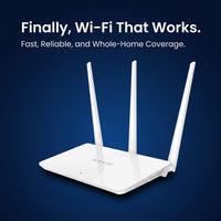 Tenda F3 router angled view on dark background showing antenna array