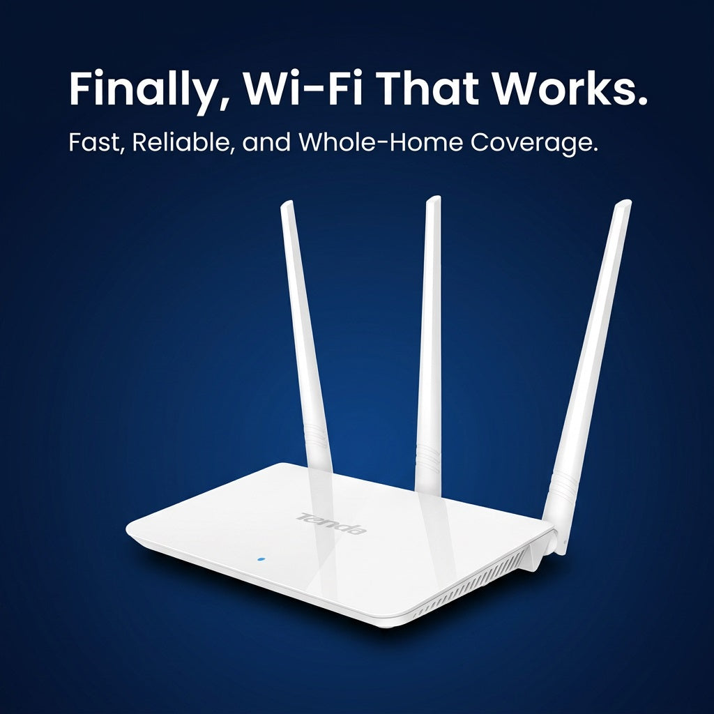 Tenda F3 router angled view on dark background showing antenna array