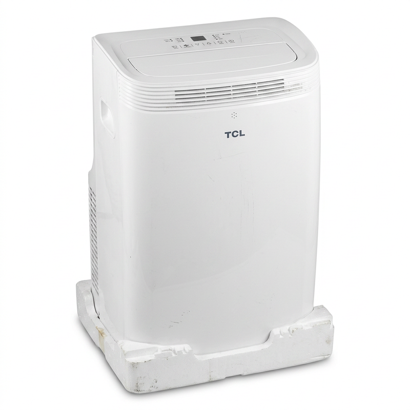 TCL 14000 BTU portable air conditioner, three-quarter view on foam shipping base