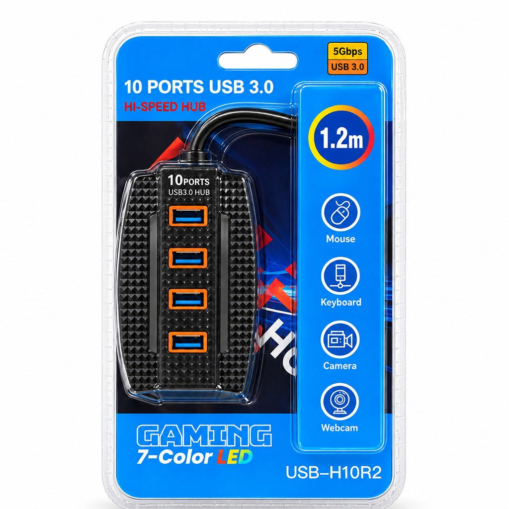 10-Port USB 3.0 Gaming Hub 7-Color LED