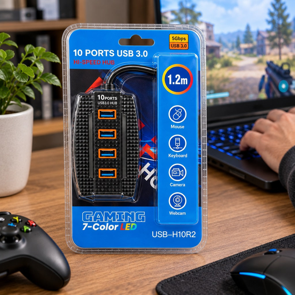 10-Port USB 3.0 Gaming Hub 7-Color LED
