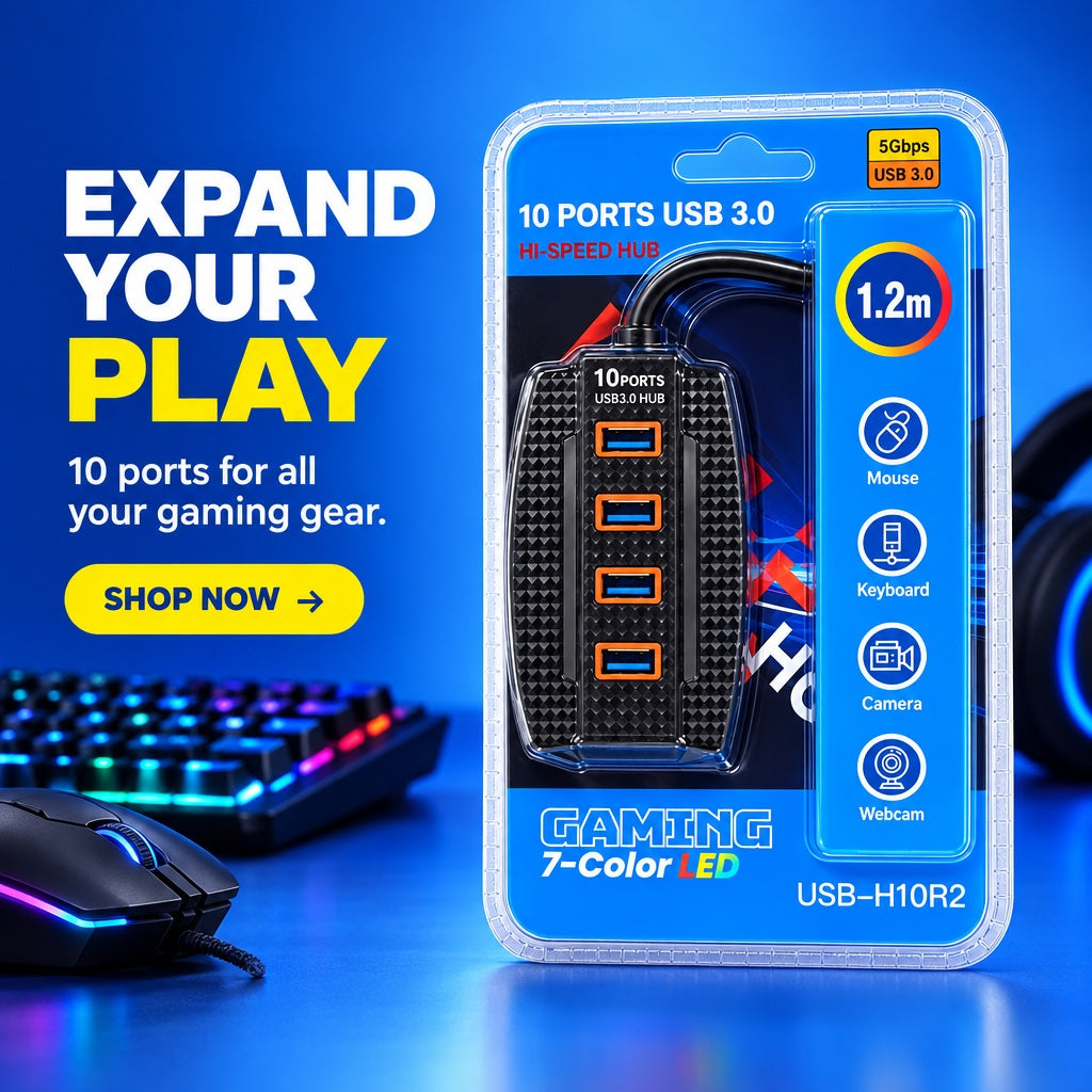 10-Port USB 3.0 Gaming Hub 7-Color LED