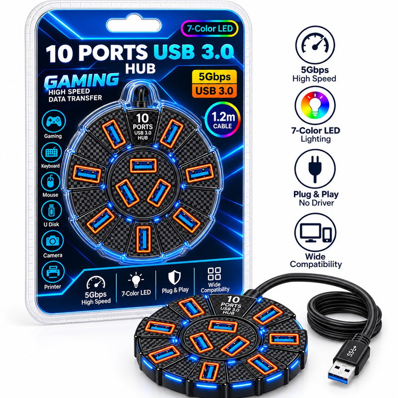 10-Port USB 3.0 Gaming Hub 7-Color LED