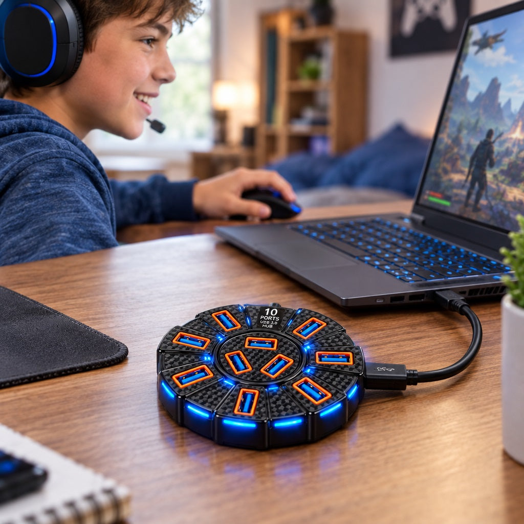 10-Port USB 3.0 Gaming Hub 7-Color LED