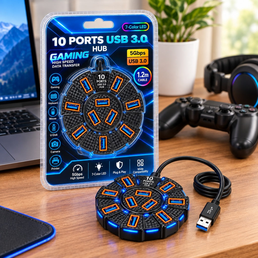 10-Port USB 3.0 Gaming Hub 7-Color LED