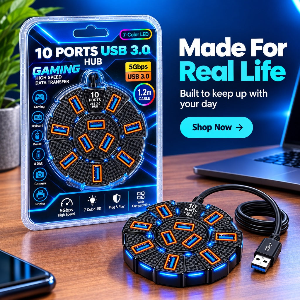 10-Port USB 3.0 Gaming Hub 7-Color LED