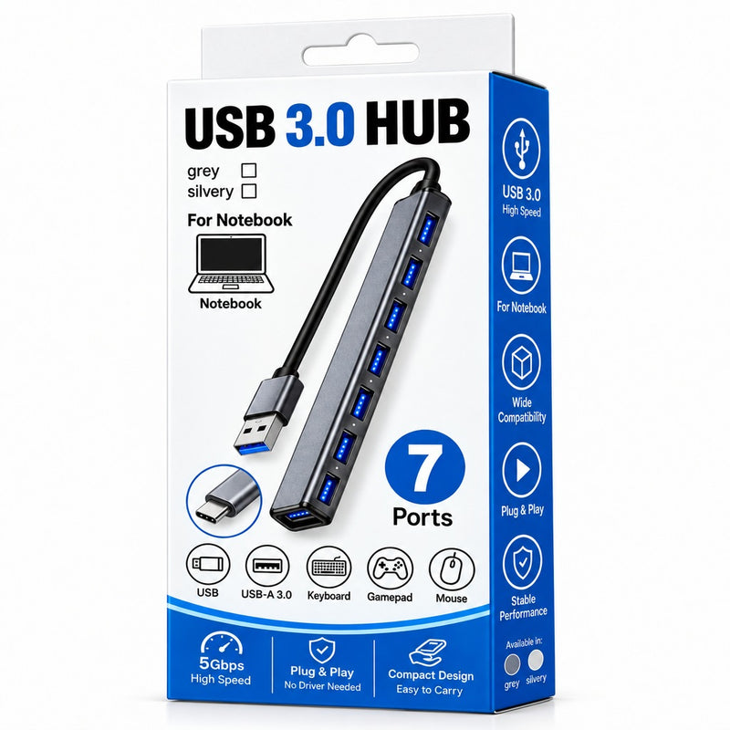 7-Port USB 3.0 Metal Hub High Speed Silv