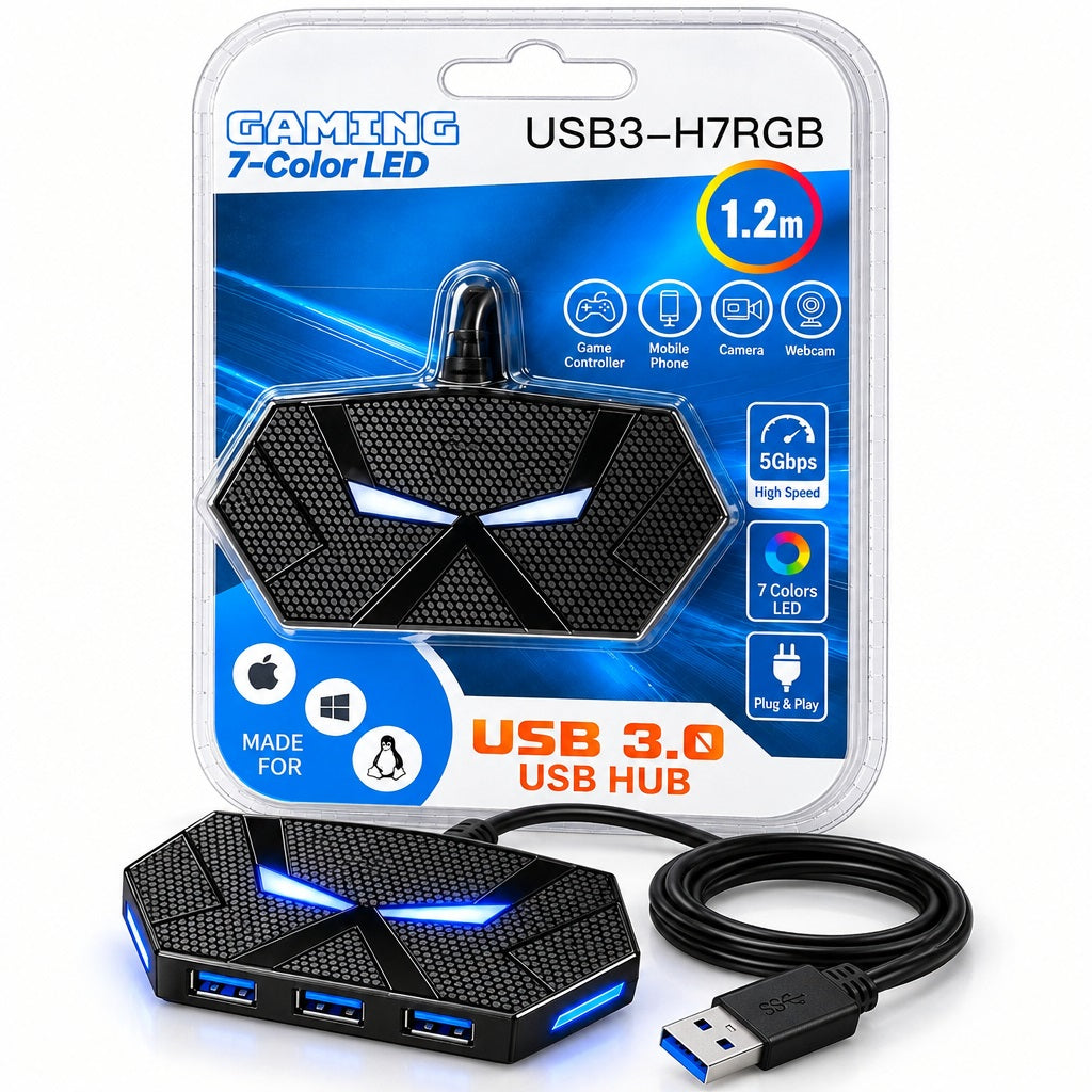 7-Port USB 3.0 Gaming Hub 7-Color LED RG