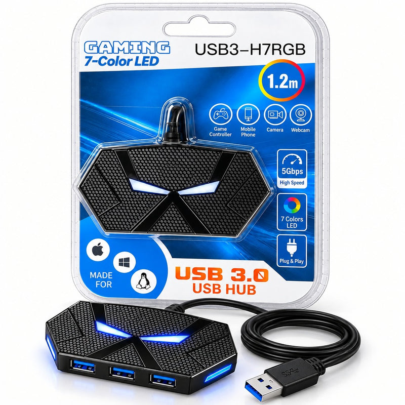7-Port USB 3.0 Gaming Hub 7-Color LED RG