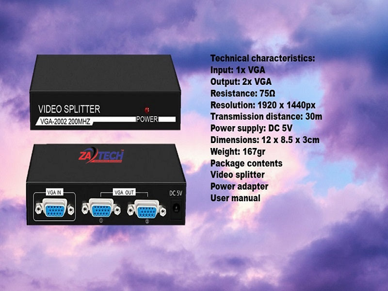 ZATECH 2 Port Vga Splitter Vga-2002