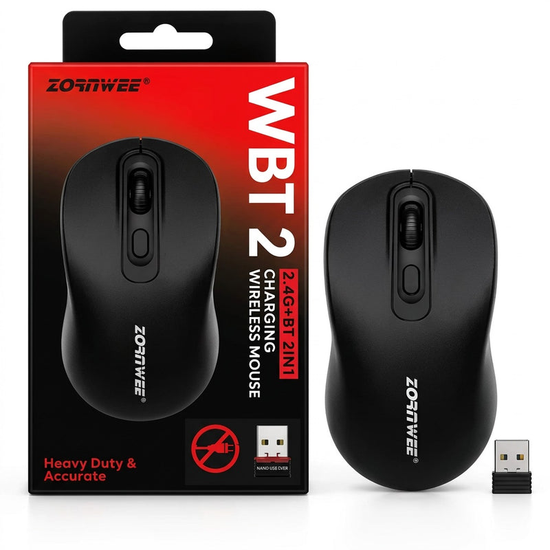 Zornwee WBT2 Wireless Mouse - 2.4G + Bluetooth, Rechargeable USB Type-C