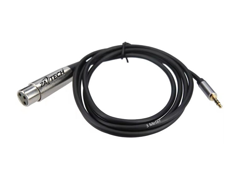 XLR female to 3.5mm male microphone cable, coiled with a 3 metre length label