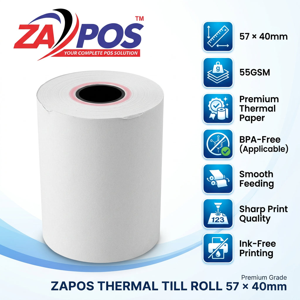 ZAPOS Thermal Till Roll 57x40mm 55gsm - Pack of 100 Receipt Rolls (ZA-57X40X100-55GSM)