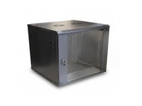Zatech 15U server cabinet three-quarter view with tinted glass door closed