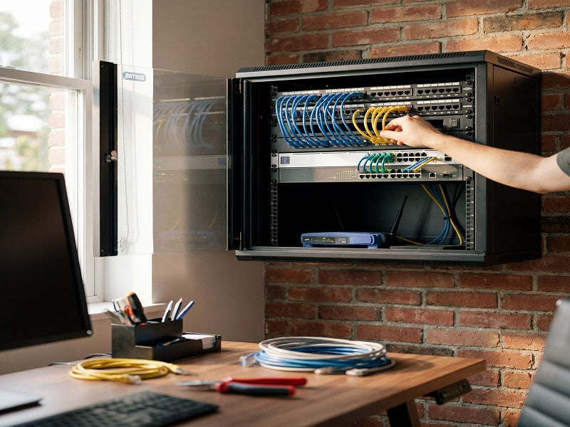 Technician loading network switches and patch cables into an open Zatech server cabinet
