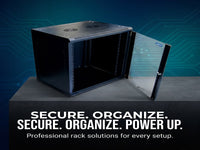 Zatech 15U server cabinet with door open on a marketing background reading Secure, Organize