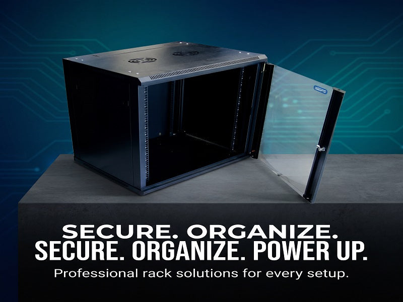 Zatech 15U server cabinet with door open on a marketing background reading Secure, Organize
