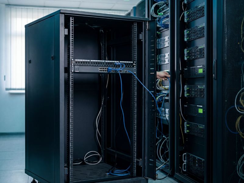 Technician connecting a patch panel inside an open Zatech server cabinet in a data room