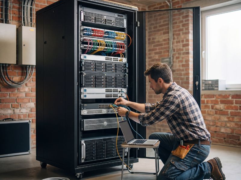 Technician racking servers and colour-coded cables into an open Zatech cabinet on castors
