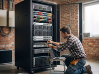 Technician racking servers and colour-coded cables into an open Zatech cabinet on castors