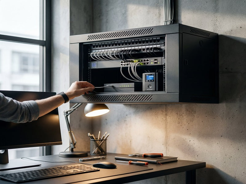 Person plugging a cable into equipment inside a wall-mounted Zatech 4U cabinet