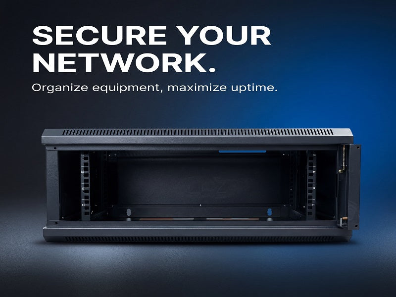 Zatech 4U wall-mount cabinet empty interior on a dark marketing background reading Secure Your Network