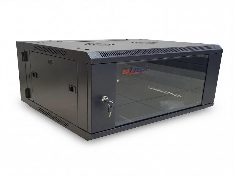 Zatech Cab6U swing server cabinet three-quarter view with glass locking door