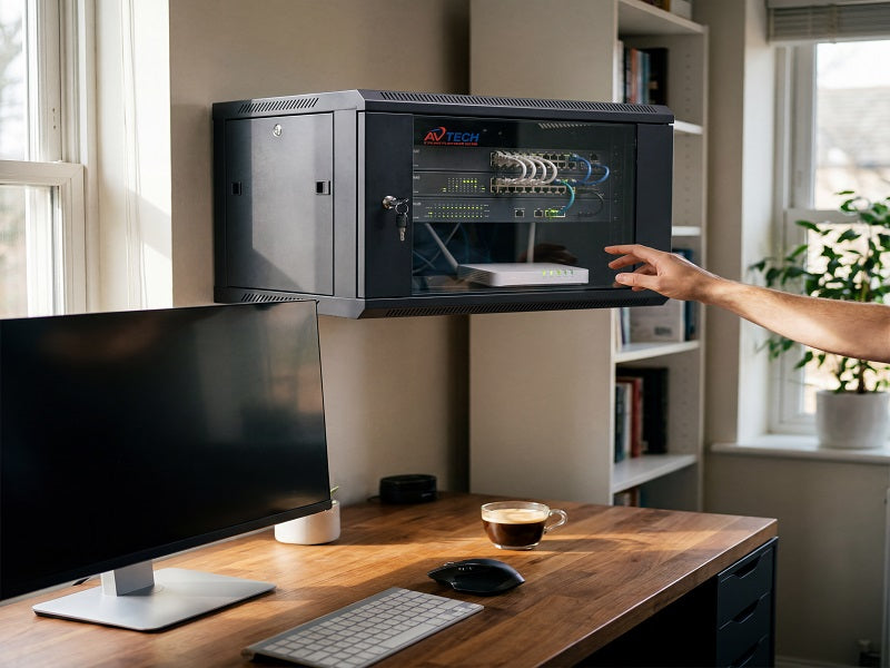 Zatech Cab6U server cabinet wall-mounted in home office holding network gear