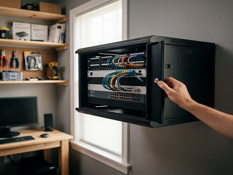Zatech Cab6U cabinet door swung open exposing patch panel and switch cabling
