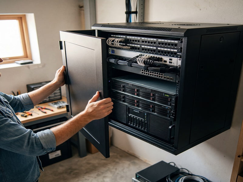 Zatech Cab6U cabinet open with server and network equipment being installed