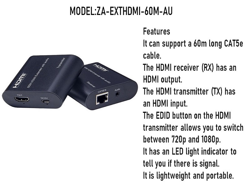ZATECH Hdmi Ext 60 Mtr Cat5/Cat6 + Audio