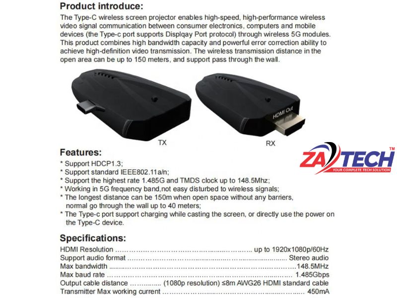 ZATECH TYPE C IN TO HDMI OUT WIRELESS
