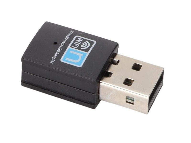 USB WiFi adapter angled view showing the 300M Wireless USB Adapter branding