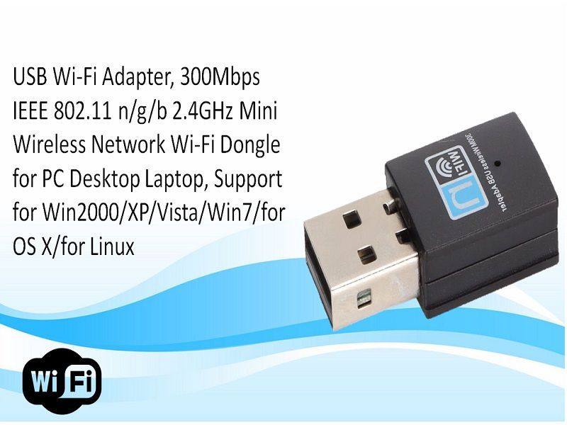 USB WiFi adapter overlaid on spec text listing 300Mbps and OS compatibility