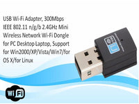 USB WiFi adapter overlaid on spec text listing 300Mbps and OS compatibility