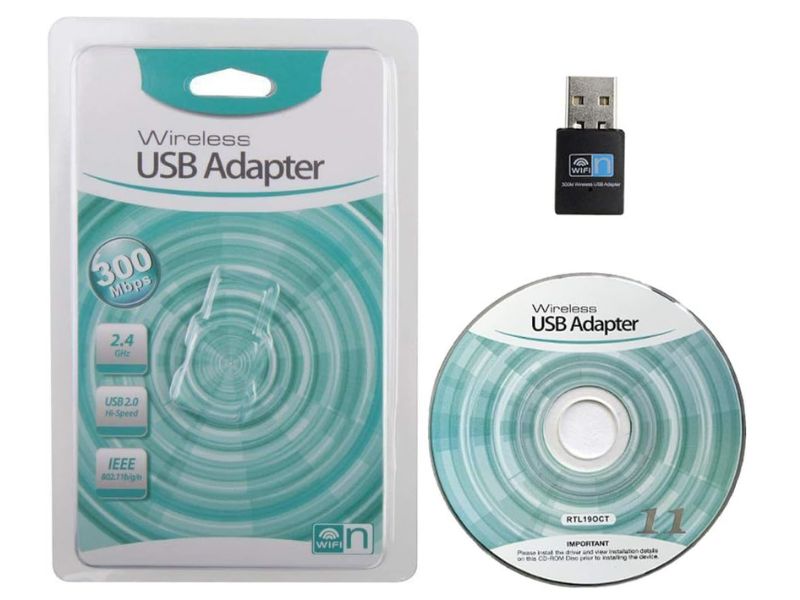 USB WiFi adapter retail box packaging alongside the dongle and driver CD