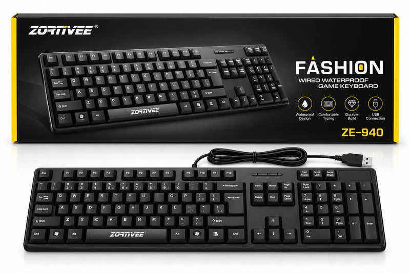 Zornwee ZE-940 USB Wired Keyboard - Laser-Engraved Keys, Splash-Proof