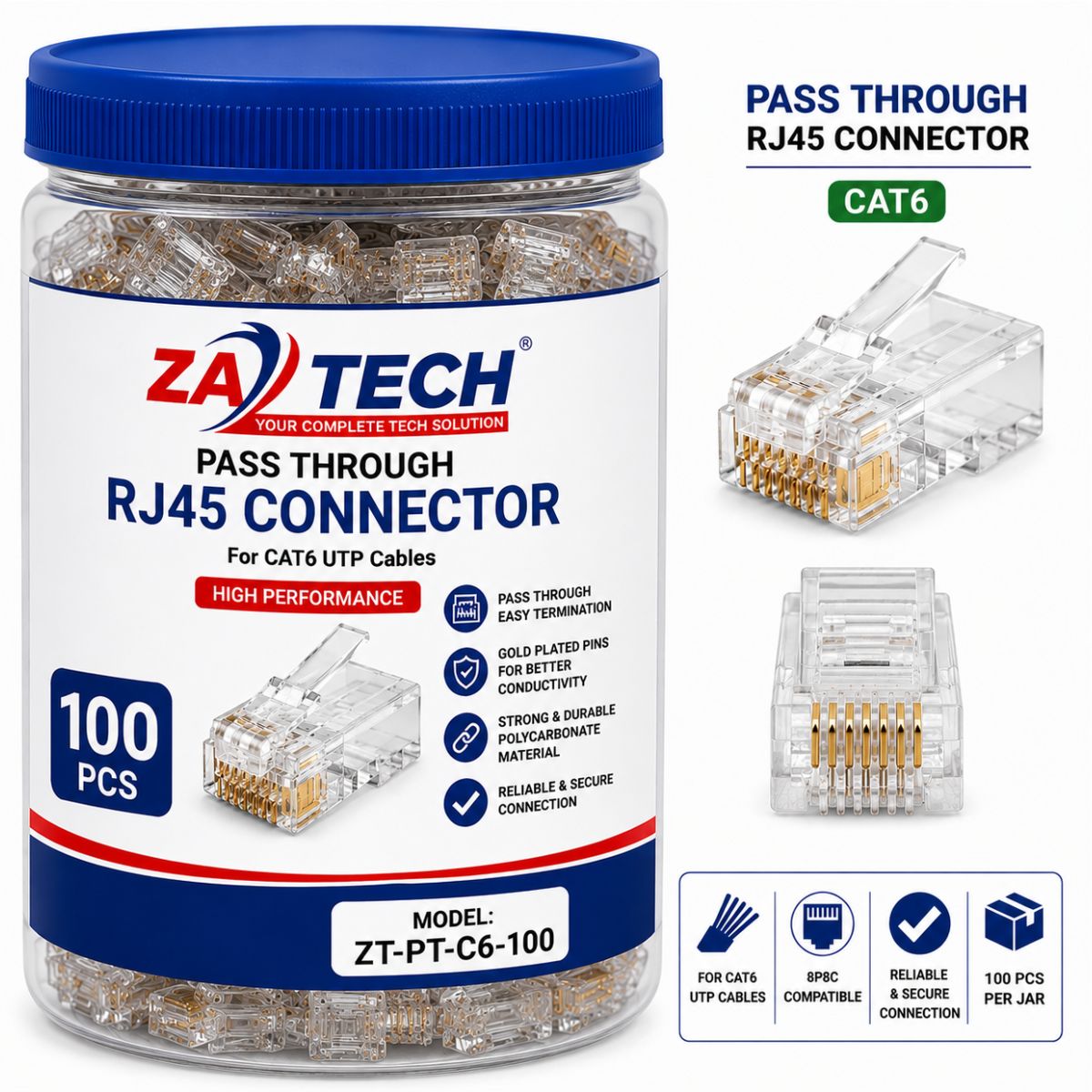 ZATECH CAT6 RJ45 Pass-Through Connectors - 100 Pack, Easier Termination